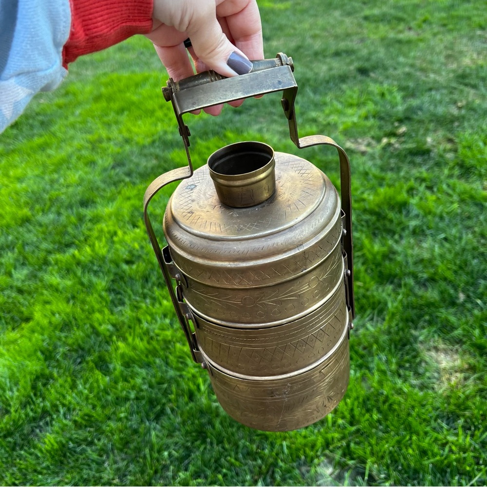 World Market Indian Lunch Box Tiffin Compartment Brass Beautiful Design 12" Tall
